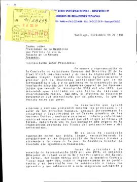 [Carta de agradecimiento de  Relaciones Humanas del Distrito 27 de la B'nai B'rith International al Sr. Presidente de la República]