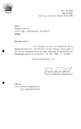 [Informa que carta fue remitida a Ministerio de Relaciones Exteriores mediante, Of. GAB. PRES. (0) 91/840]