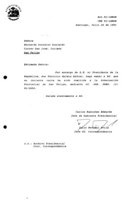 [Carta de respuesta por remisión de correspondencia enviada al Presidente, redirigiéndola  a la Gobernación Provincial de San Felipe ]