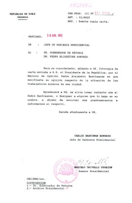 [Carta del Jefe de Gabinete de la Presidencia a Gobernador Provincial de Petorca]