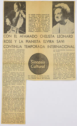 Artículo : Con el afamado chelista Leonard Rose y la pianista Elvira Savi continúa Temporada Internacional