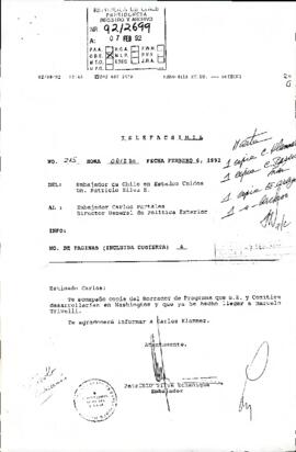 [Copia de Fax N° 215 de Embajador de Chile en EE.UU, remite copia de borrador de programa de visita presidencial a Washington]