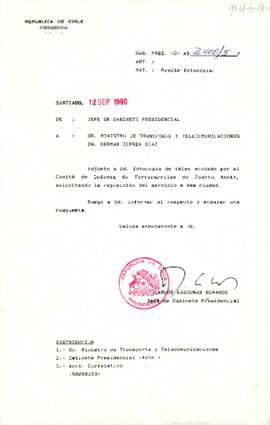 [Se remite carta de Comité de Defensa de Ferrocarriles de Puerto Montt a Ministro de Transporte y Telecomunicaciones]