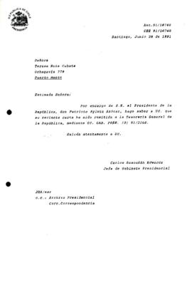 [Carta de respuesta por remisión de correspondencia enviada al Presidente, redirigiéndola  a la Tesorería General de la República ]