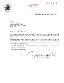 [Carta de Presidente Patricio Aylwin a Director de Radio Cooperativa]