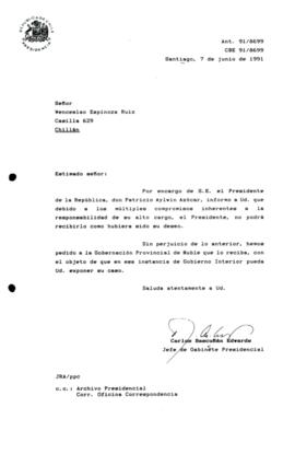Carta remitida a la Gobernación Provincial de Ñuble que lo reciba, con el objeto de que en esa instancia de Gobierno Interior pueda Ud. exponer su caso.