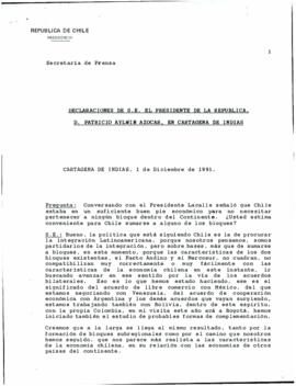 Declaraciones de S.E. el Presidente de la República, don Patricio Aylwin Azócar, en Cartagena de Indias