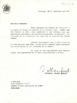 [Carta del Presidente Patricio Aylwin al Obispo de Aysén, Aldo Lazzarin]