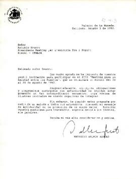 [Carta del Presidente Patricio Aylwin en que no participará en el "Meeting para la amistad entre los pueblos" en Rimini, Italia]