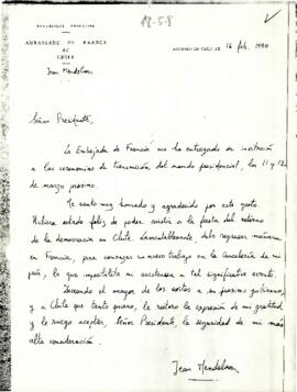 [Cartas de Jean Mendelson, Embajador de Francia en Chile, declinando invitación a acto de posesión].