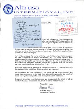 [Solicita el envío de carta de saludo por 75 aniversario de Altrusa International., INC.]