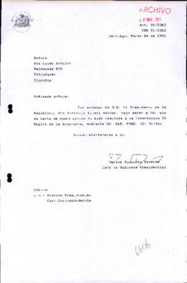 remitida a la Intendencia IX Región de la Araucania, mediante Of. GAB. PRES.
