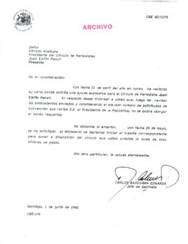 [Carta del Jefe de Gabinete de la Presidencia a Presidente del Círculo de Periodistas de Chile]