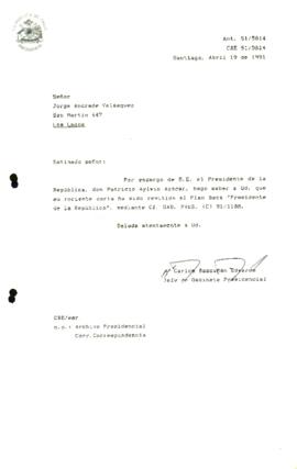 [Informa que carta ha sido remitida al Plan Beca "Presidente de la República", mediante Of. GAB. PRES. (0) 91/1188]