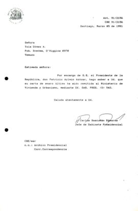 [Carta de respuesta del Jefe de Gabinete Presidencial sobre correspondencia remitida al Ministerio de Vivienda y Urbanismo,]