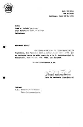 [Carta de respuesta por remisión de correspondencia enviada al Presidente, redirigiéndola  a la I. Municipalidad de Talcahuano]