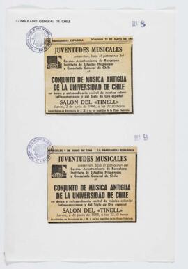 Avisos en periódicos anunciando presentación del conjunto de música antigua