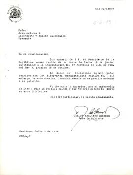Carta del Jefe del Gabinete de la Presidencia de la República de Chile, sr. Carlos Bascuñán Edwards, dirigida al Intendente de la V Región Valparaíso, sr. Juan Andueza S.