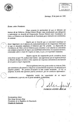 [Carta del Presidente Aylwin dirigida al Presidente de Guatemala sobre Acuerdo de Cooperación]