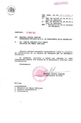 [Carta del Secretario Privado del Presidente de la República a Ministro de Obras Públicas]