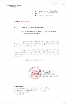 [Carta del Jefe de Gabinete Presidencial al Subsecretario de Pesca sobre solicitud de organizaciones sindicales]