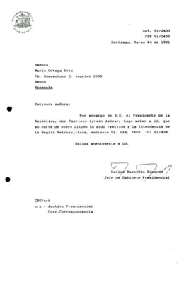 [Carta de Respuesta por remisión de correspondencia enviada al Presidente, redirigiéndola a la Intendencia de la Región Metropolitana]