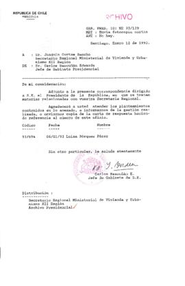 [Oficio  Gab. Pres. Ord. N° 0129 de Jefe de Gabinete Presidencial, remite copia de carta que se indica]