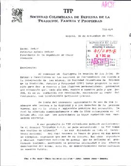 [Carta de la Sociedad Colombiana de Defensa de la Tradición, la Familia y la Propiedad dirigida al Presidente Patricio Aylwin]