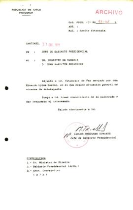 [Fotocopia de Fax enviado por don Eduardo Lyons Guzmén, sobre situación de mineros de Antofagasta]
