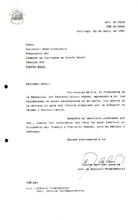 [Carta de respuesta al Presidente del Comando de Jubilados de Puerto Montt por palabras de apoyo por la entrega al país del Informe elaborado por la Comisión de Verdad y Reconciliación]