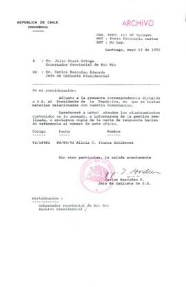 [Carta del Jefe de Gabinete de la Presidencia a Gobernador Provincial de Bío-Bío]