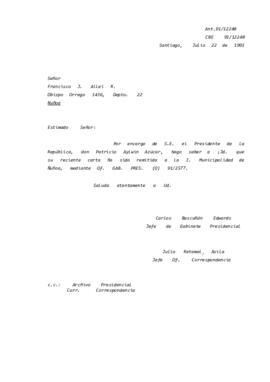Carta remitida a la I. Municipalidad de Ñuñoa, mediante Of. GAB. PRES. (O) 91/2577.