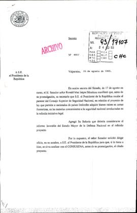 [Carta del Sr. Presidente del Senado de Chile, sobre compra de terrenos en zonas fronterizas]