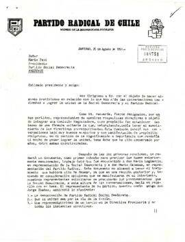 [Carta del Partido Radical de Chile al Presidente del Partido Social Democracia]