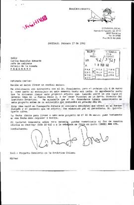 [Carta de Roberto Bravo dirigida al Jefe de Gabinete Presidencial, referente a Proyecto Concierto en la Antártica Chilena]