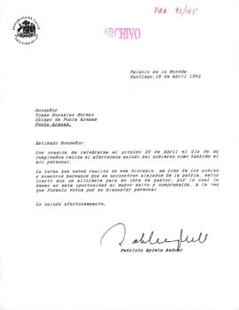 [Carta del Presidente Patricio Aylwin a Obispo de Punta Arenas, Tomás González]