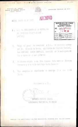 [Fax de Gobernación Provincial de Arica por fallecimiento de Santiago Arata]