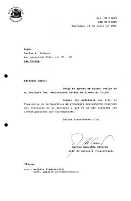 [Carta de respuesta del Jefe de Gabinete Presidencial sobre correspondencia que denunciaba lavado de dinero en Chile]
