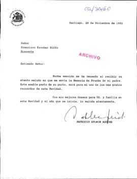 [Carta del Presidente Patricio Aylwin a Francisco Escobar]