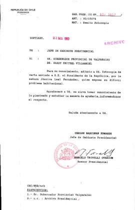 [Oficio Gab. Pres. Ord. N° 3857 de  Jefe de Gabinete Presidencial, remite copia de carta que se indica]