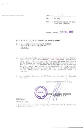 [Oficio Ord. N°847 de Alcalde de Puerto Varas, solicita apoyo en gestión que se indica]