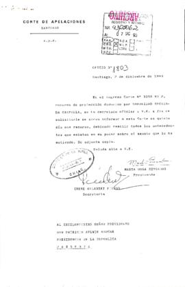 [Oficio de la Corte de Apelaciones de Santiago referente a recurso de protección deducido por la Comunidad Hacienda Castilla]