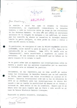 [Carta de miembro de Amnistía Internacional dirigida al Presidente Patricio Aylwin, referente a caso de pena de muerte de Nelson Curinir Lincoqueo]