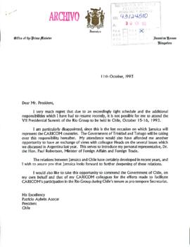 [Carta del Primer Ministro de Jamaica dirigida al Presidente Patricio Aylwin]