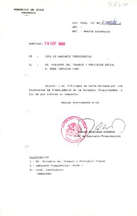 [Se remite carta de Sindicato de Trabajadores de Chuquicamata a Ministro de Trabajo y Previsión Social]