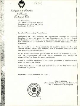 [Carta de Németh Miklós, Presidente del Consejo de Ministros de la República de Hungría, declinando invitación a acto de posesión].