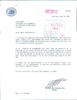 [Carta del Senador Mariano Ruiz Esquide por petición de solicitud de pensión de gracia de animador de radio, Antolio Figueroa]