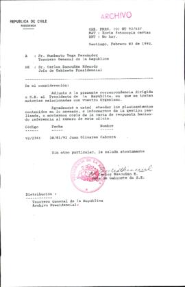 [Carta de Jefe de Gabinete de la Presidencia a Tesorero General de la República]