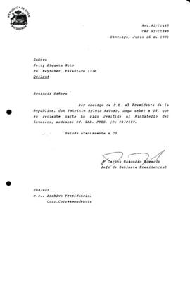 [Informa que carta fue remitida a Ministerio del Interior, mediante Of. GAB. PRES. (0) 91/2157]