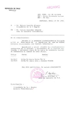 [Carta del Jefe de Gabinete de la Presidencia a Intendente de la I Región]